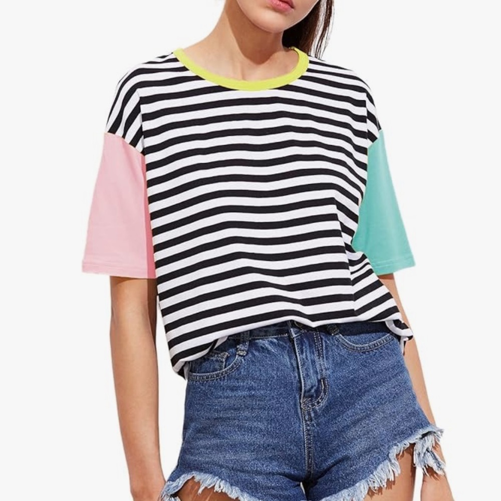 Striped T-Shirt with Color Block Sleeves